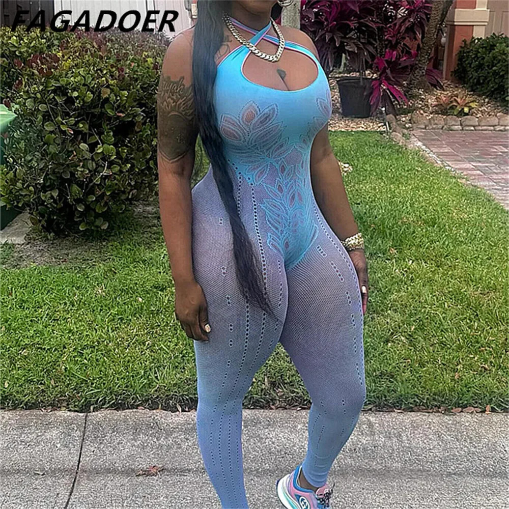 FAGADOER Sexy Thickened Lace Hollow Out Halter Bodycon Jumpsuits Women Sleeveless Backless Slim Playsuits Female Overalls 250407