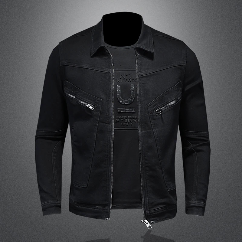 High quality fashionable handsome trend classic denim jacket black gold zipper bike multi mens winter snow 250408