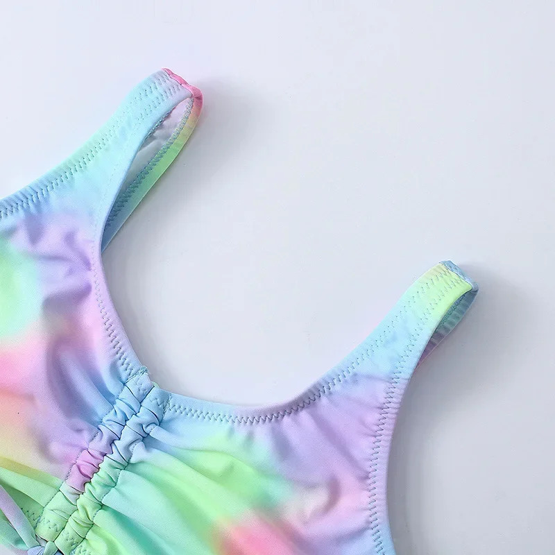 Tie dye girl swimsuit children 716 years old twopiece childrens ruffled front bikini set youth 250408