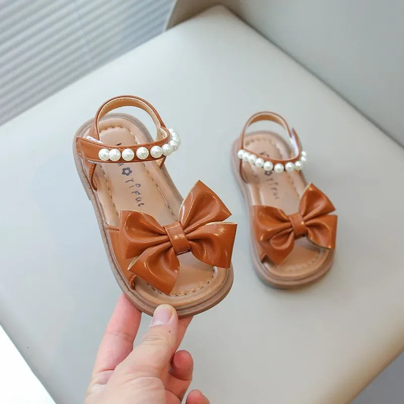 Toddlers Girls Leather Sandals Princess Soft with Pearls Bowtie Sweet Children Holiday Sandals Chic Open Toes Kids Summer Shoes 250407