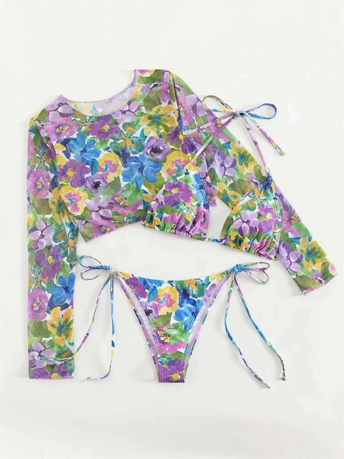Dongdumaoyi Sexy Mesh Cover Up Bikini Set Women Long Sleeve Tie Dye Floral Print Thong Piece Swimsuit Beach Bathing Suit Swimwear