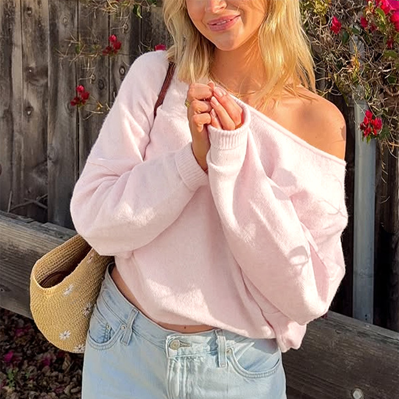 Fall women clothes, women's solid color sweater, simple fashion temperament casual loose pullover, long sleeve large round neck drop shoulder com