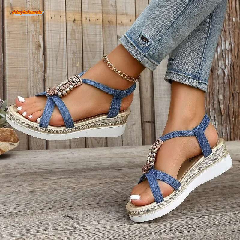 Shoes 2024 New Summer Women's Elastic Band Denim Blue Solid Metal Decoration Beads Platform Water Proof Sandals ddmykukumalu