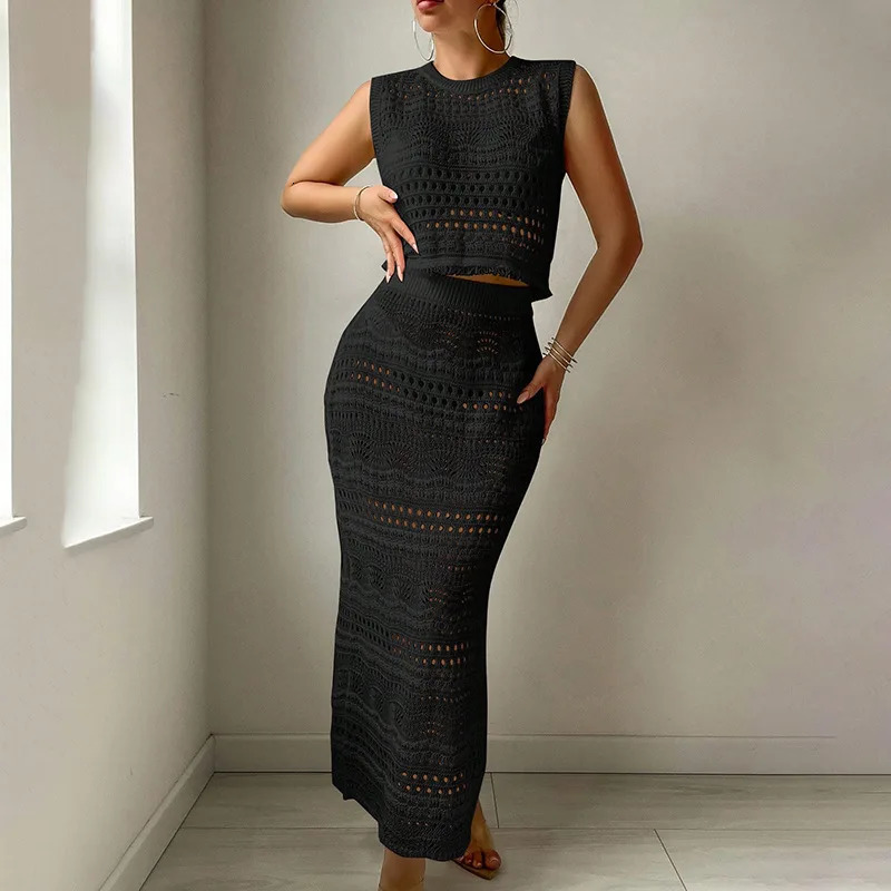 Summer Knitted Skiing two-piece Womens Sleeveless O-neck Crop TopElastic Waist Long Sleeve Casual White Beach Set 250401