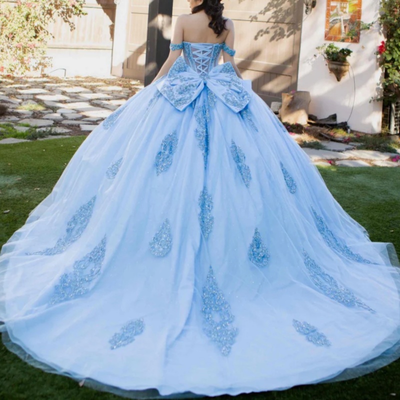 Sky Blue Quinceanera Dresses Off Shoulder Ball Gown Sweet 16 Dress Applique Lace Beads Bow Tull Birthday Party Vestidos 15 De Anos