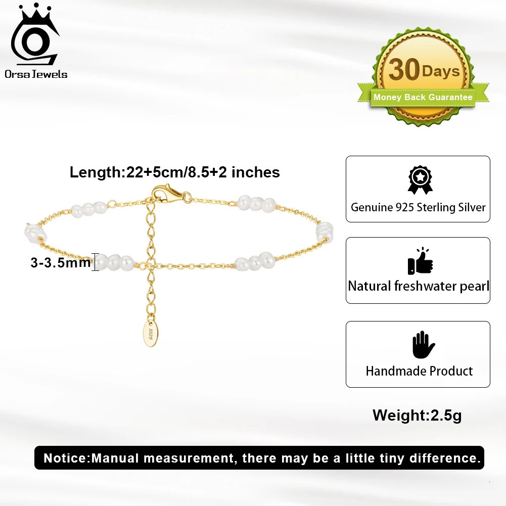 ORSA JEWELS 14K Gold 925 Sterling Silver Natural Pearls Chain Anklets for Women Fashion Foot Bracelet Ankle Straps Jewelry SA36 250403