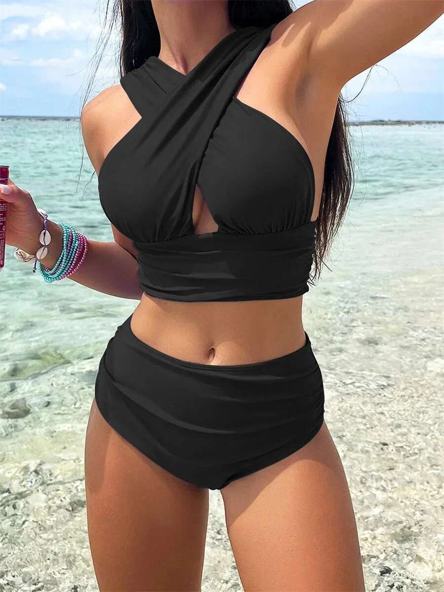 Dongdumaoyi Sexy Black Blue Bikinis Sets Women Halter Cross Hollow Out Push Up High Waist Swimsuit Bathing Suit Two Piece Swimwear