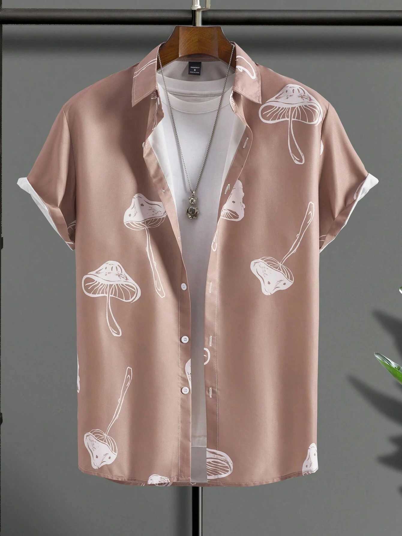 Mens Hawaiian pine palm tree floral print casual short sleeved mens button up topXJ250407