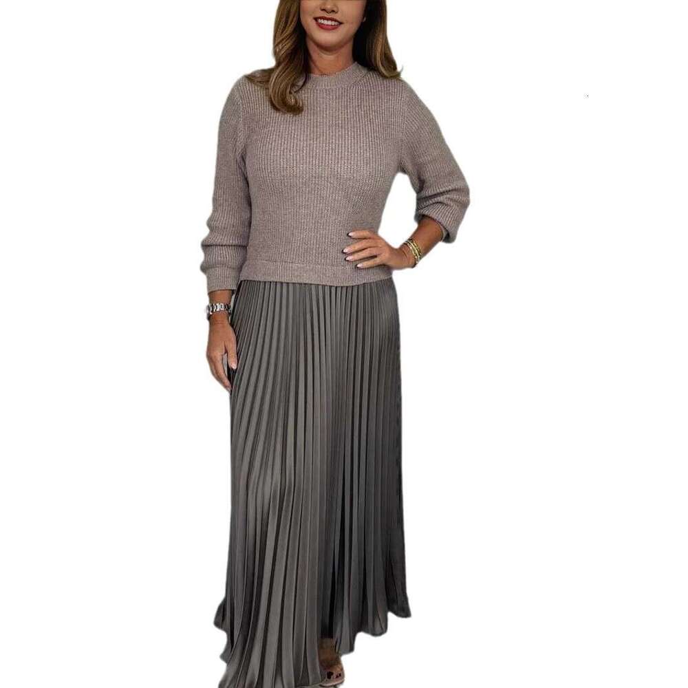 autumn winter European American solid color knitted long sleeved sweater patchwork pleated dress, women's 2025 new style, chic and elegant clothi