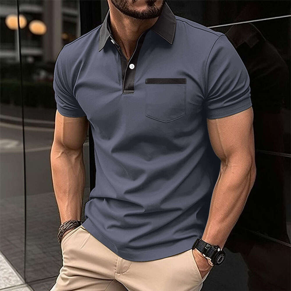 European and American collar fashionable slim fit chest pocket short sleeved men's T-shirt polo shirt 2025 new casual fashion trend clothing
