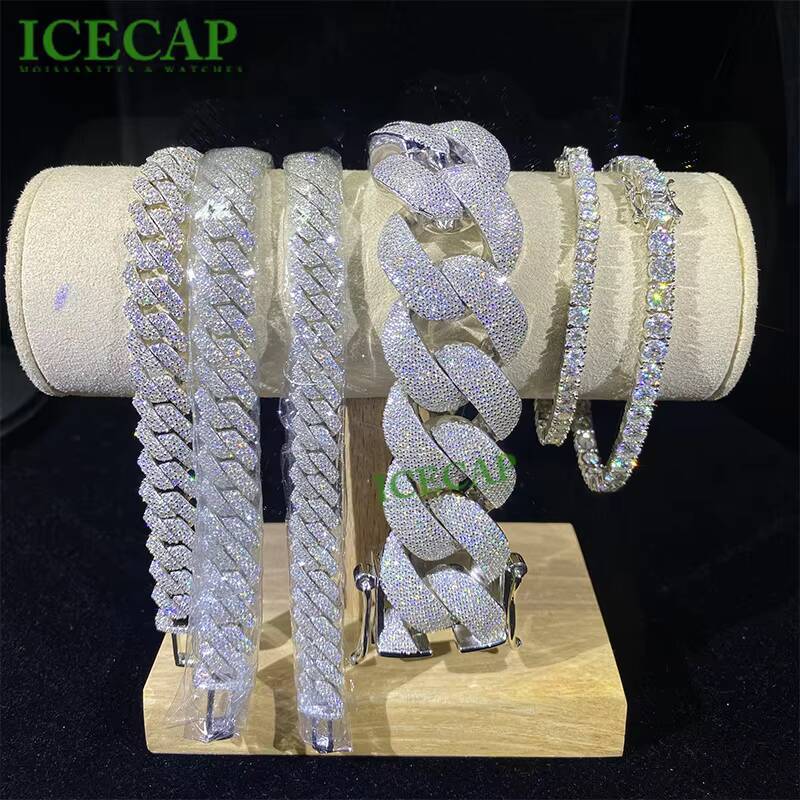 Fine Jewelry 12MM 2Rows 925 Sterling Silver Moissanite Chain Iced Cuban Bracelet for Men Women Elegant Bangles Bracelets