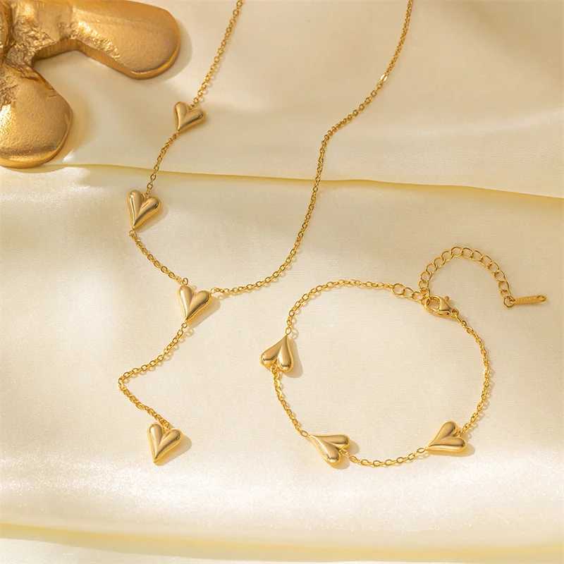 316L StainlESS Steel Simple Joker Chain Tassels Multiple Heart Gold Plated Jewelry Bracelet Necklace Set Jewelry Set Y250408
