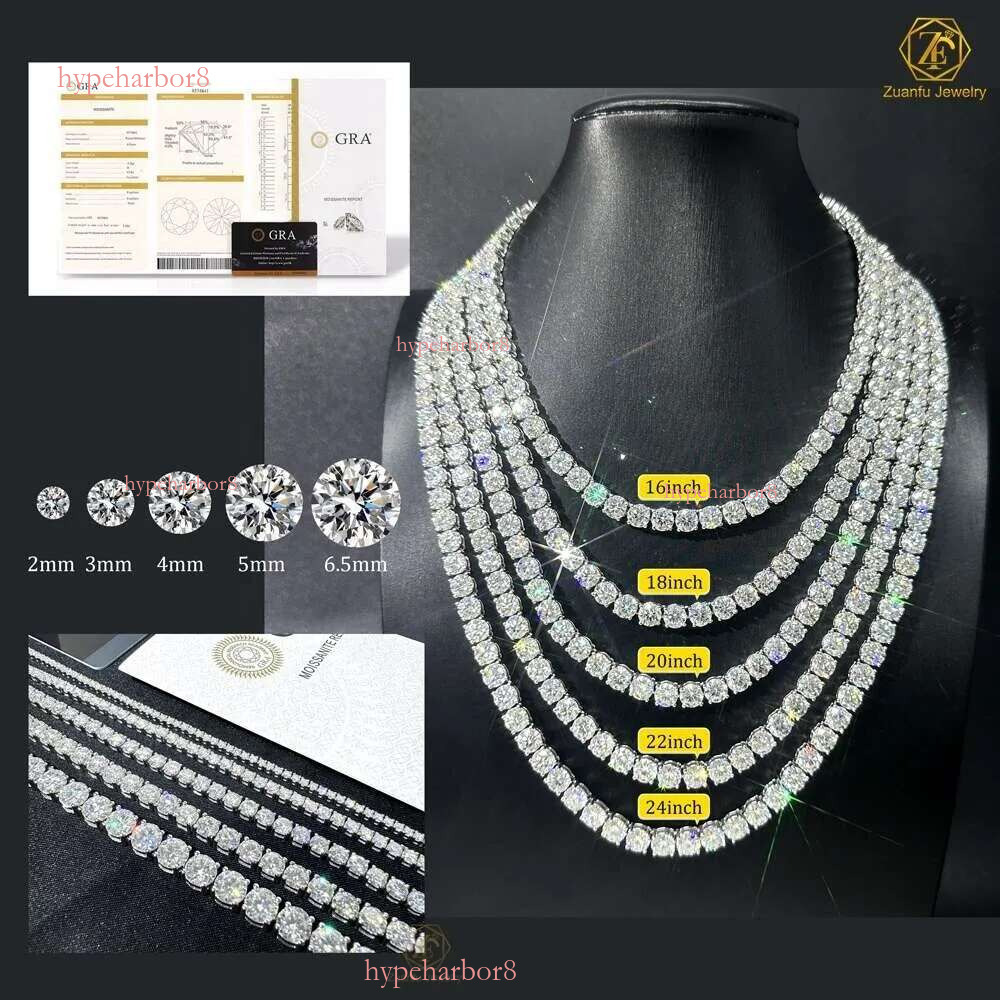 Hip-Hop Jewelry GRA Certificate S 3MM 4MM 5MM 6.5MM VVS D Color Dia Moissanite Tennis Chain Necklace