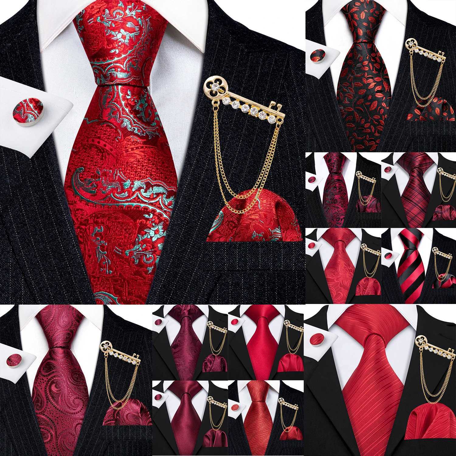 Barry. Red Silk Mens Tie Hanky Cufflinks Brooch Set Jacquard Rose Burgundy Maroon Necktie Gold Pin For M Wedding nts X250407