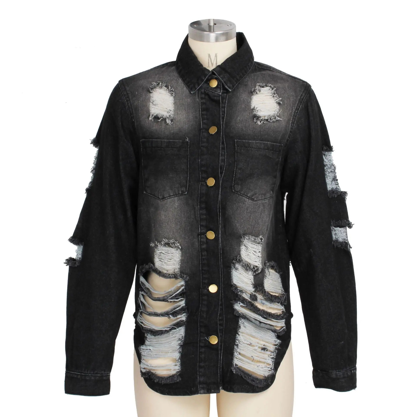 Womens Spring Jacket Denim Plus Size Cut Hole n Retro Street Oversized Y2K Short Jeans 250407
