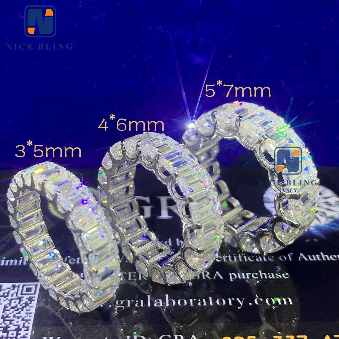 Graceful 925 Silver Gold Plated Women Jewelry Iced Out Classic Emerald Cut Jewelry Eternity Moissanite Diamond Band Ring
