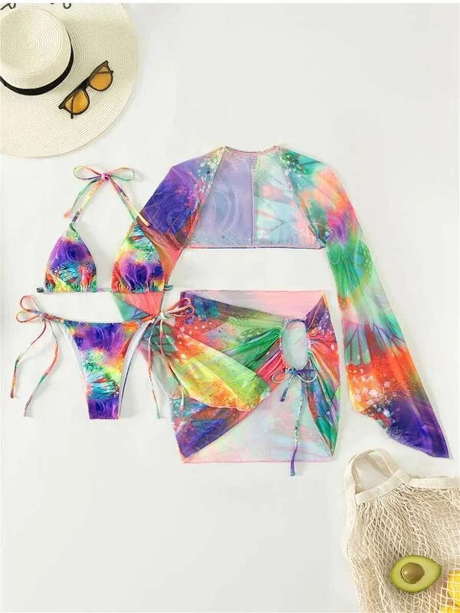 Dongdumaoyi Sexy Tie Dye Gradient Bikini Set Women Long Sleeve Cover Up Pleate Skirt Piece Swimsuit Beach Bathing Suit Thong Swimwear