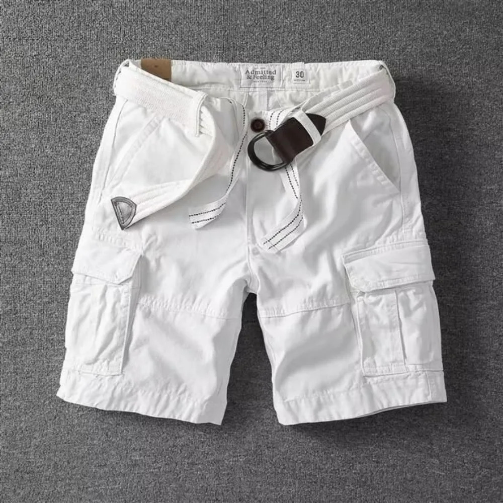 White Men Shorts Loose Large Size Multi-Pocket Overalls Summer Cotton Comfortable Nickel Pants Outdoor Casual Sports Beach Pants 250407
