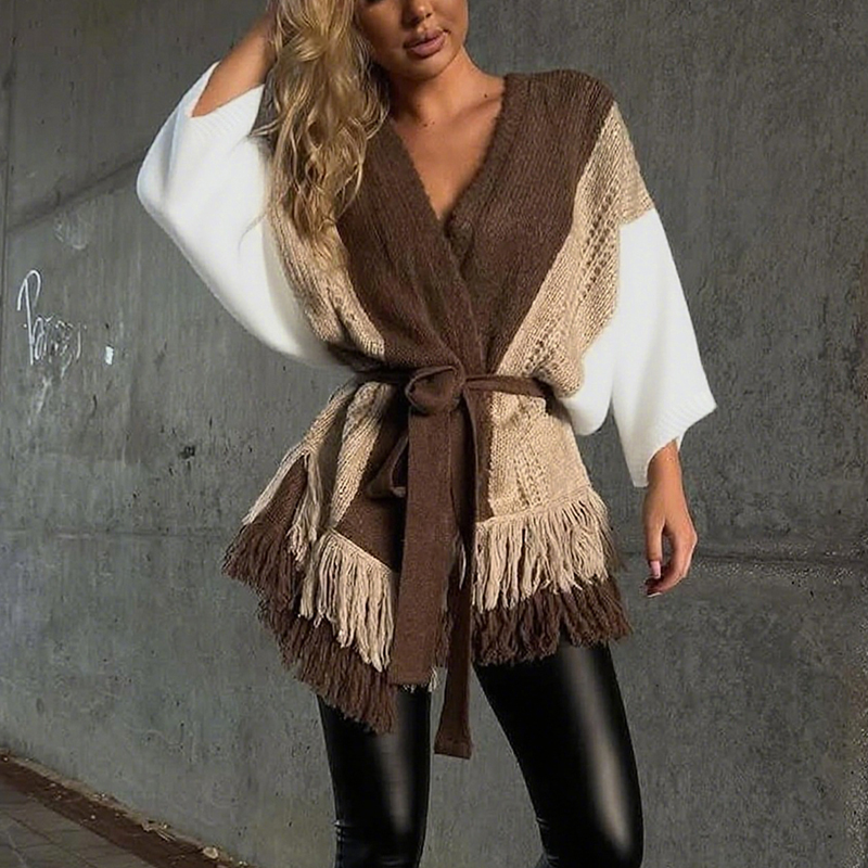 Women's color-block sweater, button-up long-sleeved top with tie-up design, featuring stylish frill elements, highly fashionable and versatile---