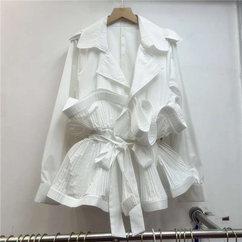 WTHT New Trendy Women's Patchwork Bandage Wrinkled Design Blazer 2025 Spring Fashion Lapel Long Sleeves Jacket Female 1Ls730