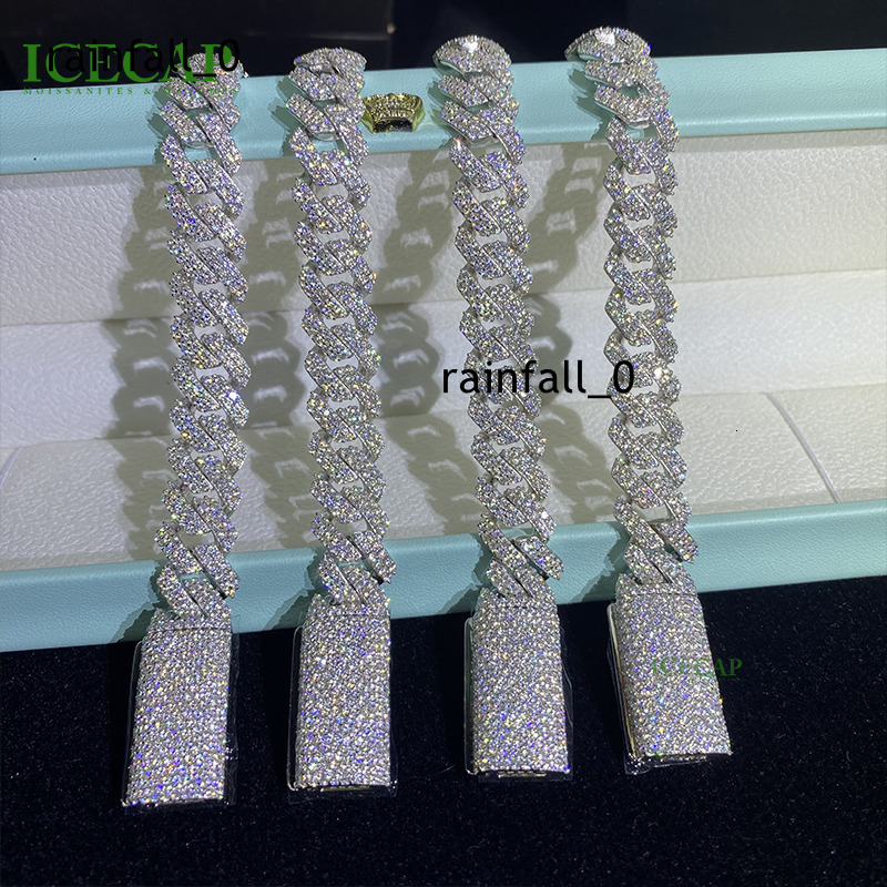 Fine Jewelry 12MM 2Rows 925 Sterling Silver Moissanite Chain Iced Cuban Bracelet for Men Women Elegant Bangles Bracelets