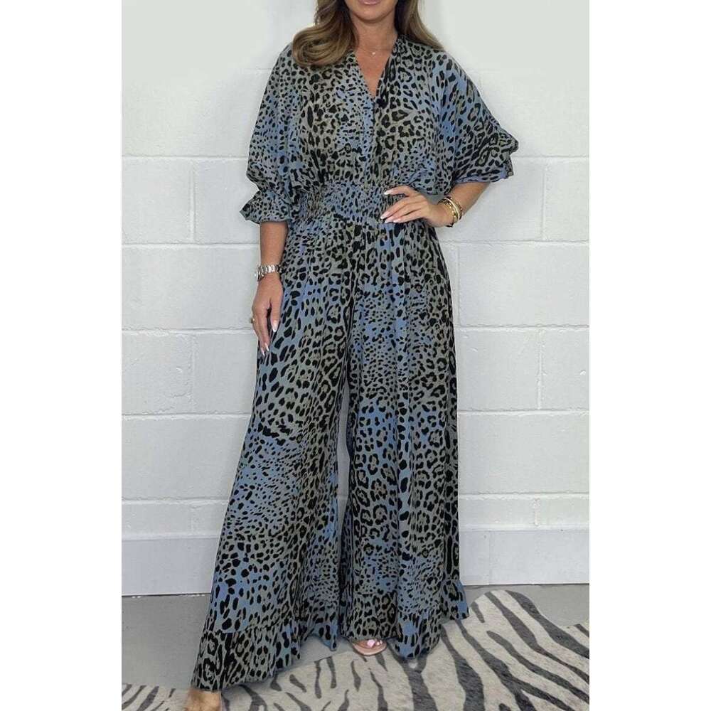 European American women's fashion leopard print casual wide leg jumpsuit 2025 new style chic and elegant clothing