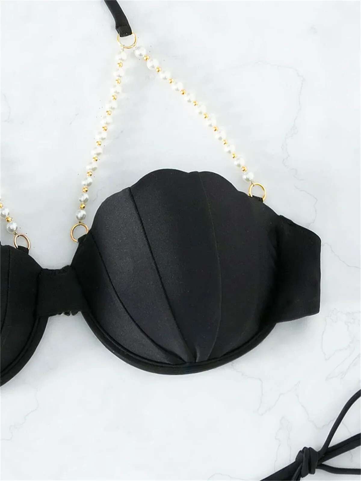 Dongdumaoyi Sexy Shell Shape Underwire Bikini Tie Side Thong Bikinis Swimwear Women Black Pearls Strap Push Up Bathing Suit Swimsuit