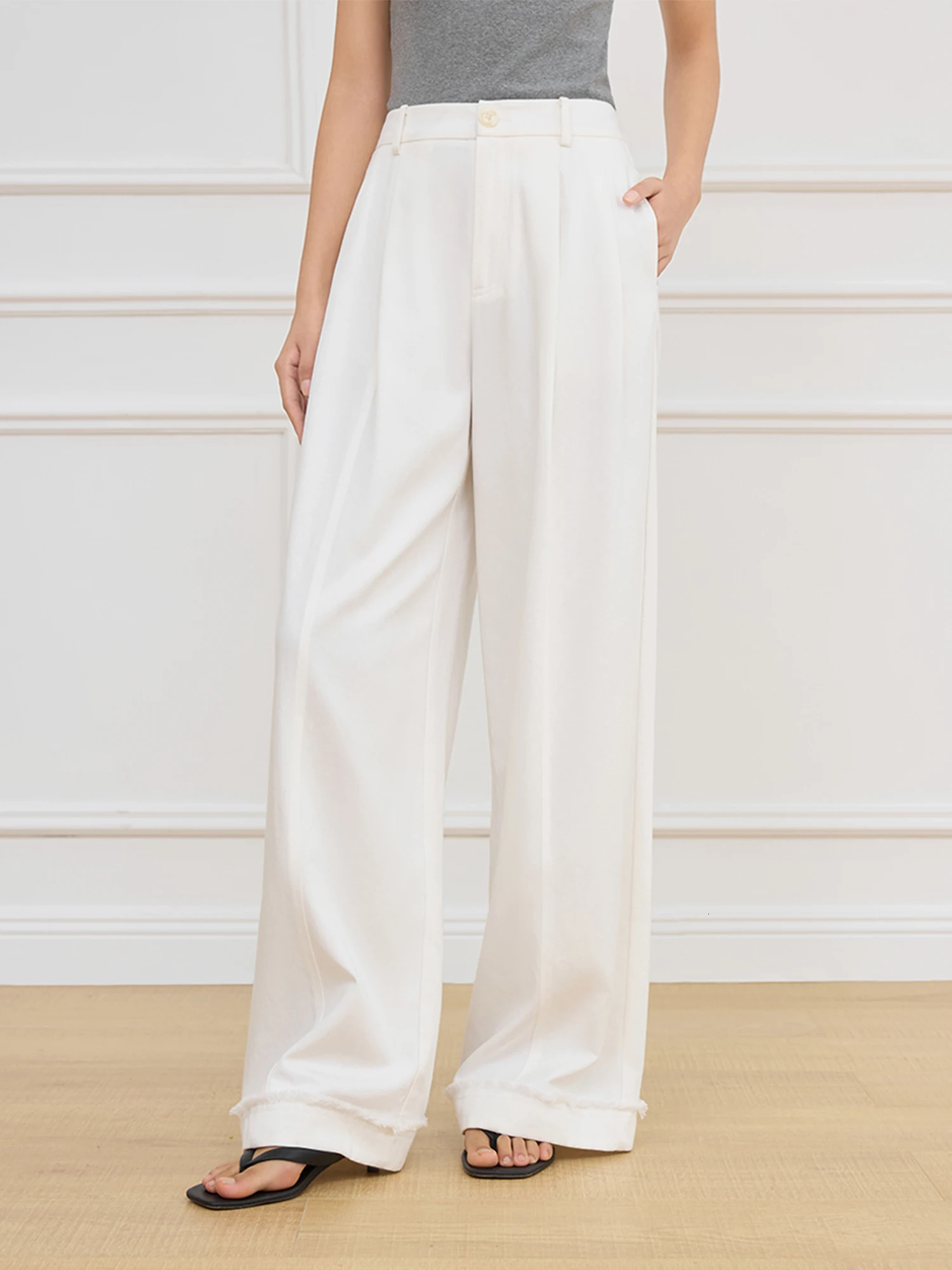 FSLE womens beige commuting pants with pleated n fully matched high waist wide leg casual spring 25FS11049 250407
