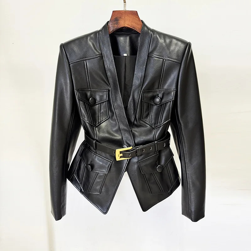 y and fashionable womens clothing belt slim fit leather jacket with multiple pockets motorcycle 251031 - view 3