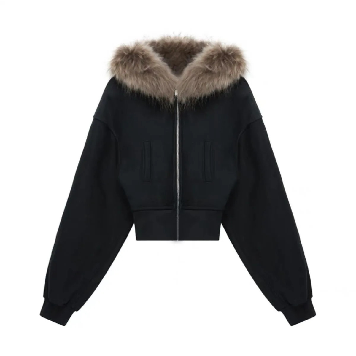 Black fur collar zipper sweatshirt Simple and fashionable hooded Retro Y2k 250407