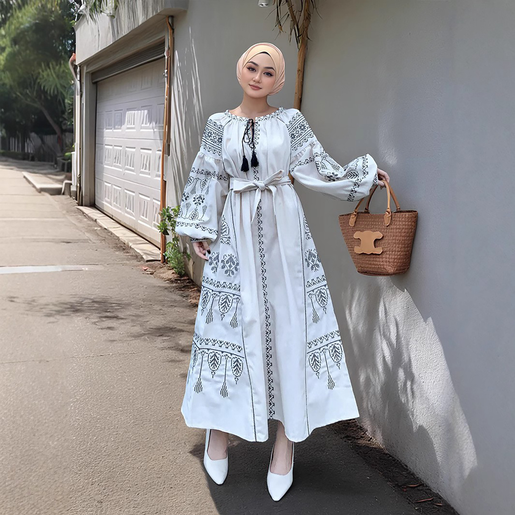 M Malay Indonesian Muslim Women S Heavy Duty Embroidered Lantern Sleeve Cotton Hemp Dress