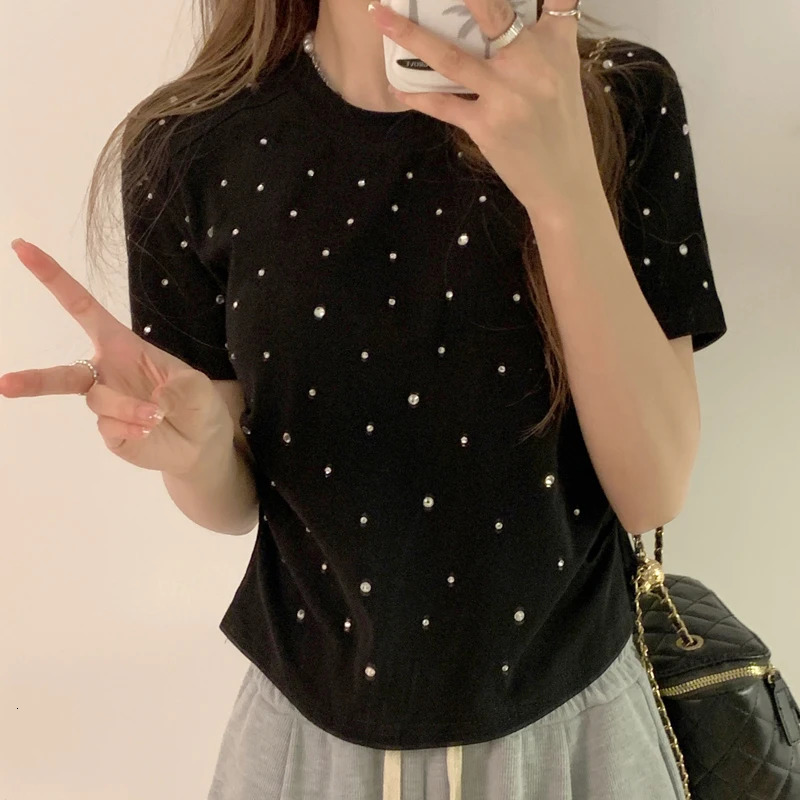 Korean style womens T-shirt Ropa Mujer fashion heavy diamond short sleeved O-neck summer Korean T-shirt casual crop top Y2k T-shirt 250402