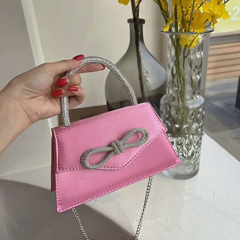 Chic Satin Evening Party Clutch Women's Elegant Shoulder Mini Square Bag, Glittering Rhie Bow Decor Prom Purse