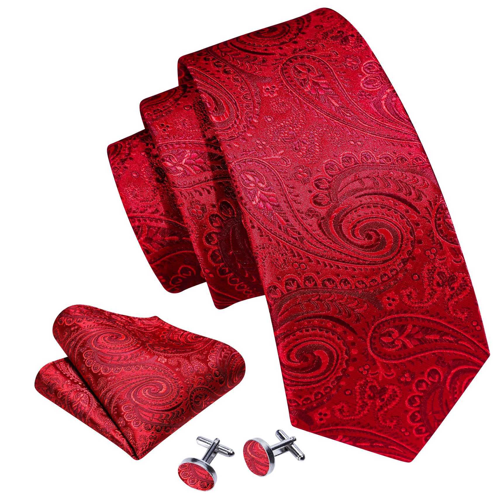 Barry. Red Silk Mens Tie Hanky Cufflinks Brooch Set Jacquard Rose Burgundy Maroon Necktie Gold Pin For M Wedding nts X250407
