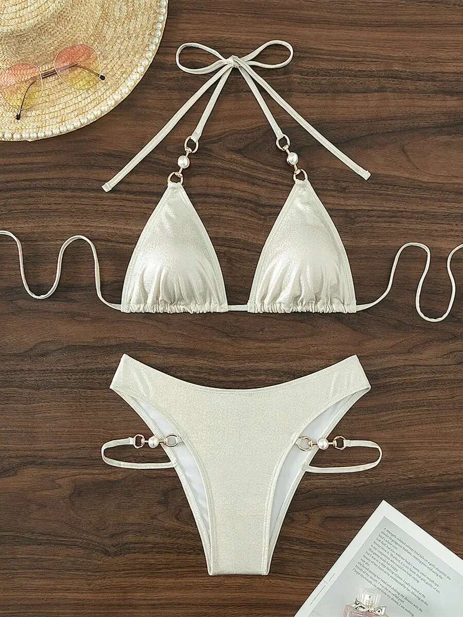Dongdumaoyi Shiny Pearls Bikini Women Luxury White Brozing Push Up Micro Swimwear Bathing Suit High Waist Swimsuit Trajes De Ba O Mujer