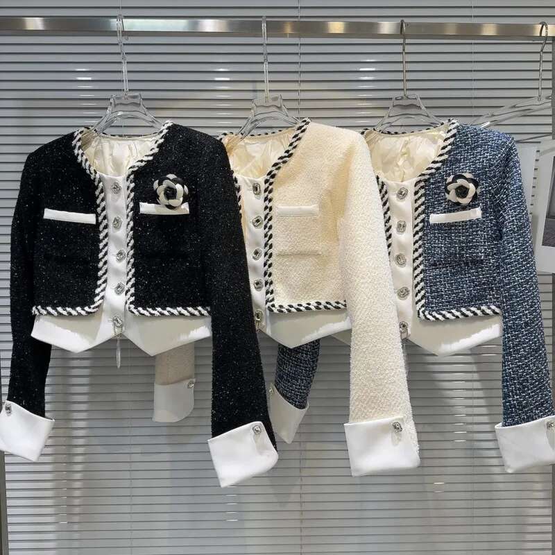PREPOMP 2025 Winter New Arrival ral Applique Pin Tweed Patchwork White Duck Down er Coat Women Short Jacket GS652