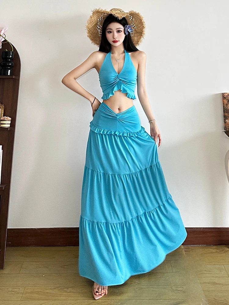 Nibber Elegant Vacation 2 Piece Set Women Halter Backless Crop CamisoleElastic Waist Ruffles Long Skirts Ruched Street Suits 250408