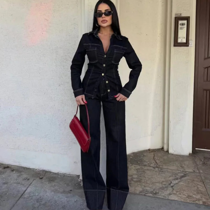 HXAO Black Denim Pant Sets Womens Two Pieces Set Slim Long Sleeve Shirt 2 Piece Sets Woman Outfit High Waist Flare Trousers Set 251105