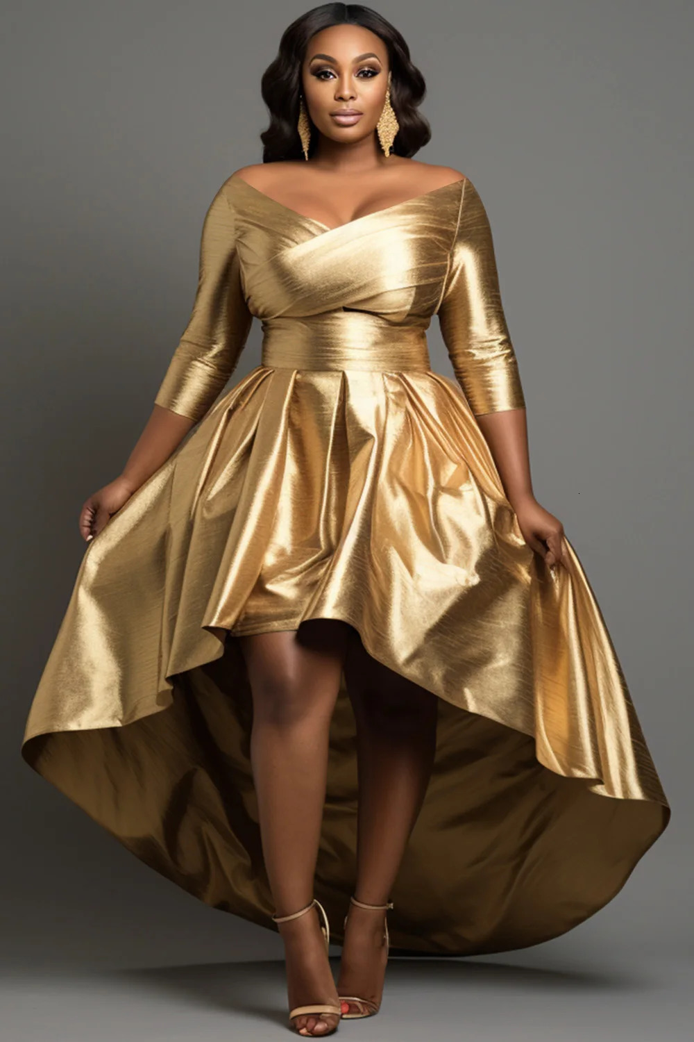 Large Cocktail Party Gold Shoulders 34 Sleeves Asymmetric Hem Sparkling Long Dress 250401