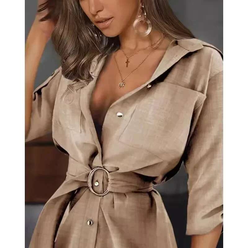 New European And American Lace Cardigan Solid Color Rolled Up Sleeve Shirt Dress Versatile Yet Fashionable