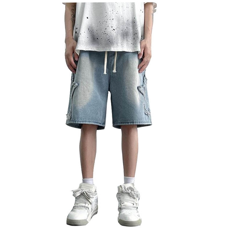 Fashion Denim Shorts For Men Summer High Waist Drawstring Short Pants Men Streetwear Star Loose Casual Shorts 250407