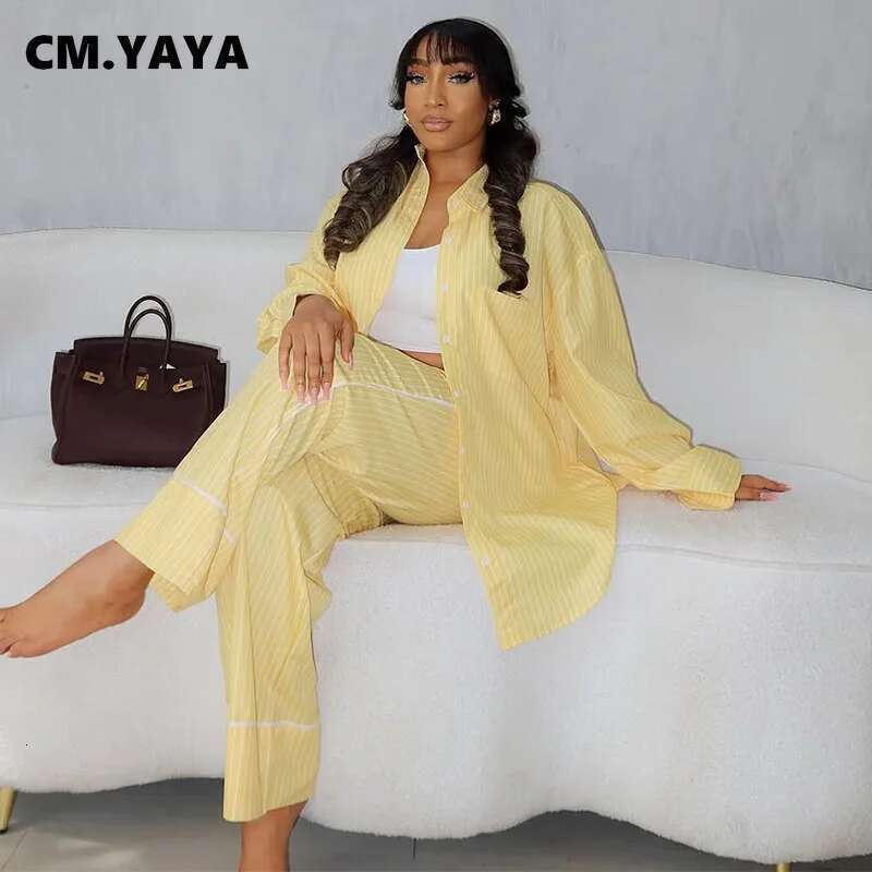 Cm.Yaya Fashion Striped Women's Set Long Sleeve Blouse Shirt Top And Wide Leg Pants 2025 Chic Two 2 Piece Sets Outfits Tracksuit