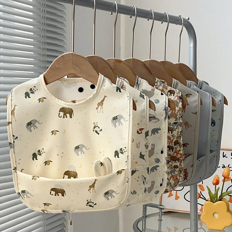 Baby Rabbit Ear Bib PU Soft Waterproof Cartoon Print Burp Cloths Feeding Bibs Infant Toddler Boys Girls Dirt Proof Apron Pocket 250408