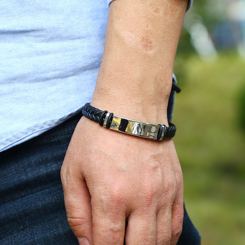 Titanium steel leather woven men's bracelet with smooth surface that successful men must possess