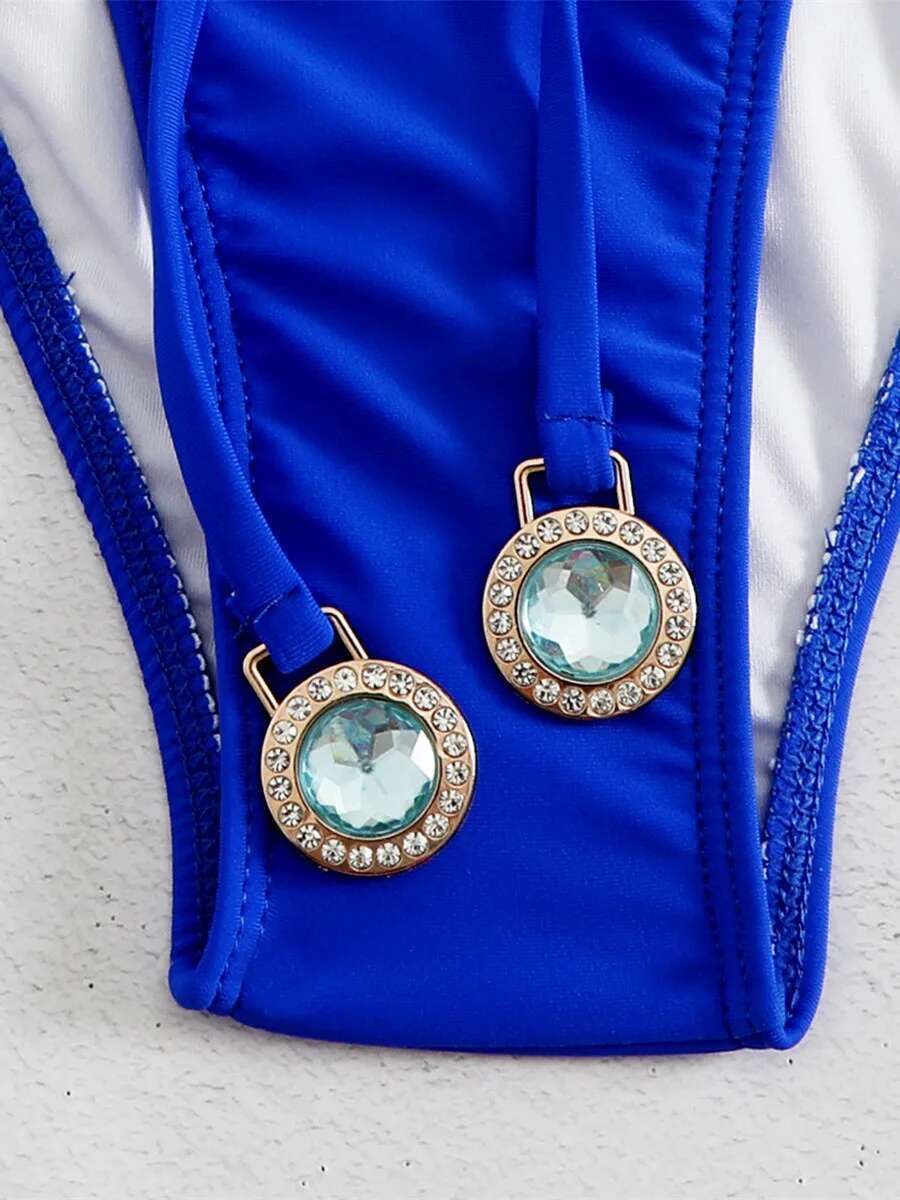 Dongdumaoyi Sexy Rhinestone Bikini Women Blue Hollow Out Push Up Criss Cross Swimsuit Luxury Bathing Suit Diamond Chain Thong Swimwear