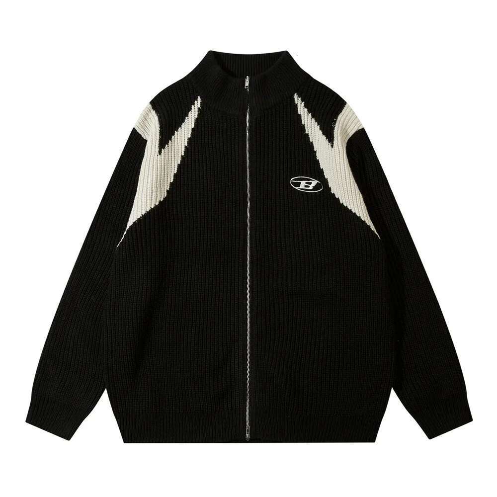 Contrast Paneled Mens Streetwear Cardigan Knitted Sweater Autumn Winter Loose Casual Long Sleeve Zipper Outerwear Men