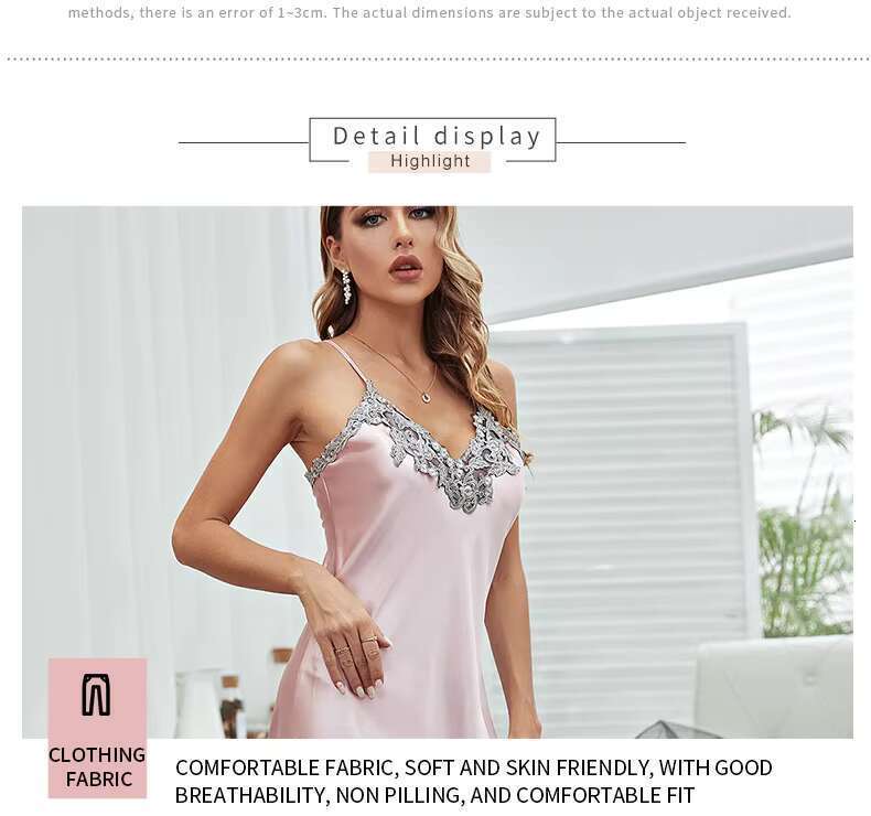 OEM ODM Hot Sale Satin Pamas Female Lace Sexy V-Neck Long Style Suspender Nightdress Ice Silk Nightgown Slip Skirt