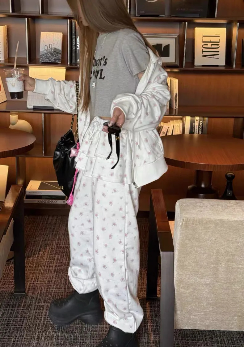 Full flower pattern printing element two piece casual sports pants spring daily outfit straight pants Y2K pants 250402
