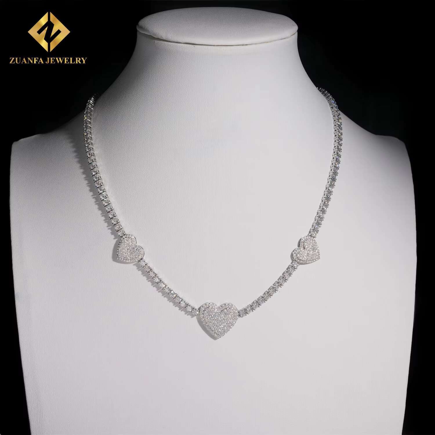 Iced Out Worldwide Shipping VVS 3MM Moissanite Heart Style Tennis Necklace 925 Silver Fashion Tennis Chain Moissanite Jewelry
