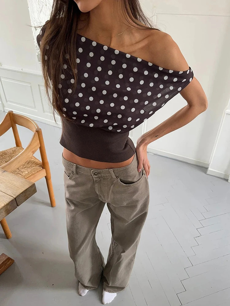 Mozision Backless Polka Dot Crop Tops Women Vest Fashion Summer Oblique Shoulder Sleeveless Tank Tops Pullovers Female 250407
